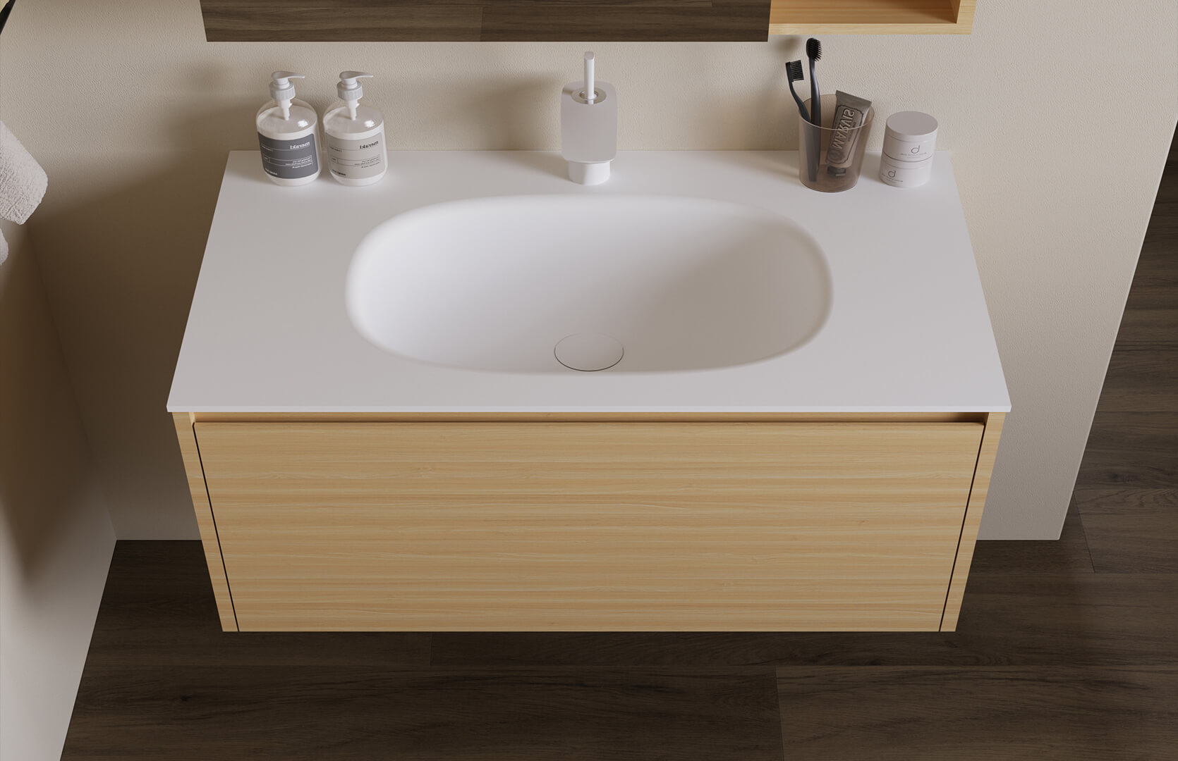 Solid Surface Floating Bathroom Vanity CPG-3380 Golden Nanmu
