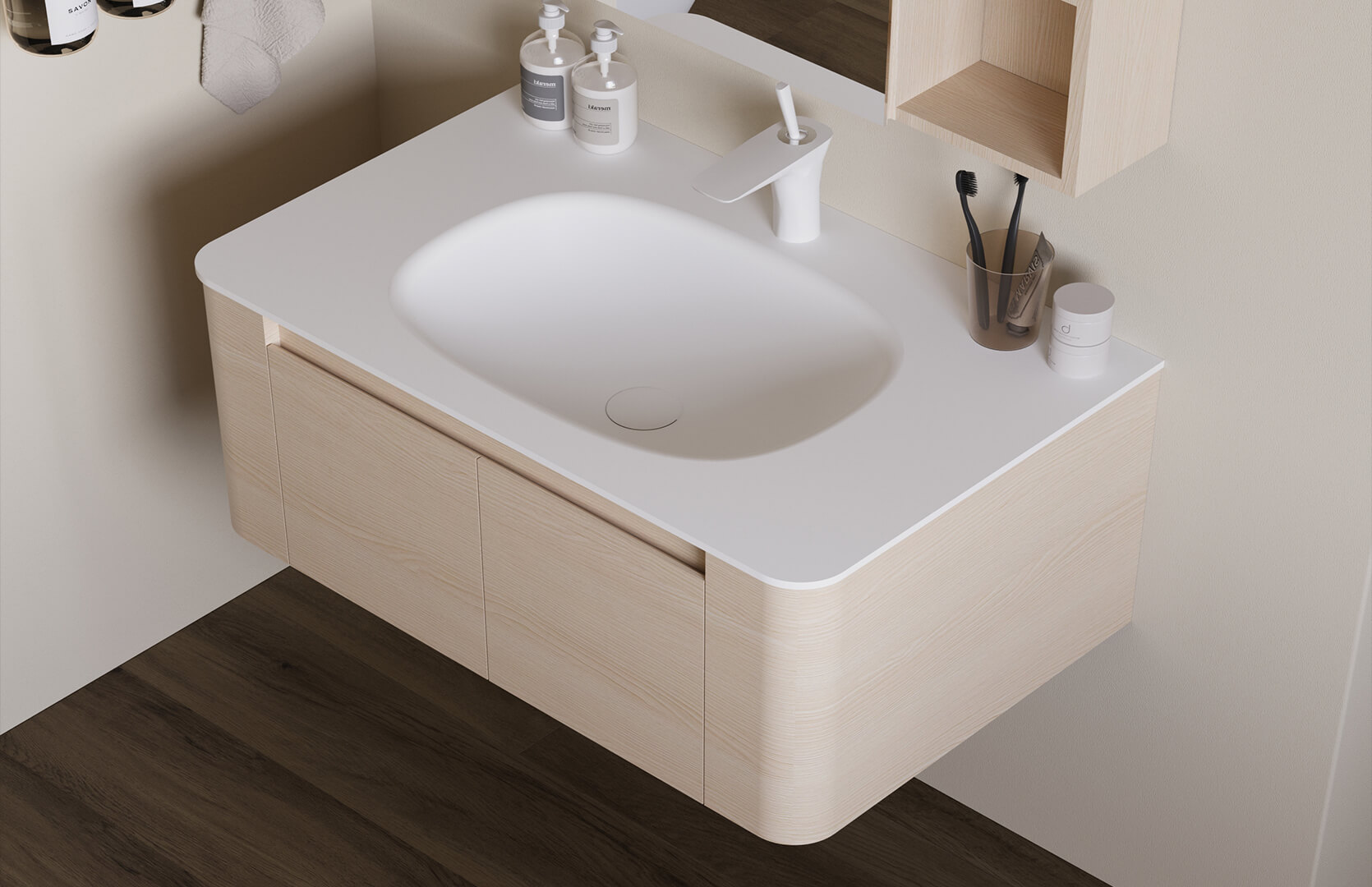 Solid Surface Floating Bathroom Vanity CPG-3380 Light Walnut