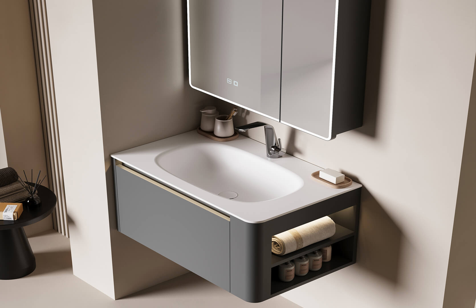 Stainless Steel Bathroom Vanity Single Sink_ CPG-3385B-R Dark Gray