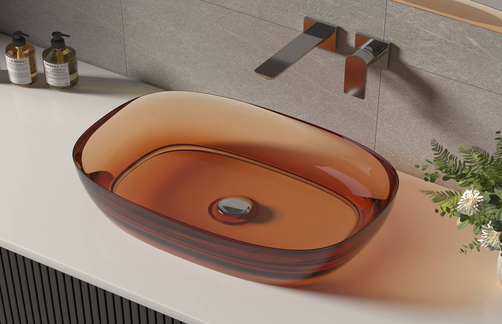 Translucent Resin Bathroom Sink in Countertop_ CPG-2268 Brown