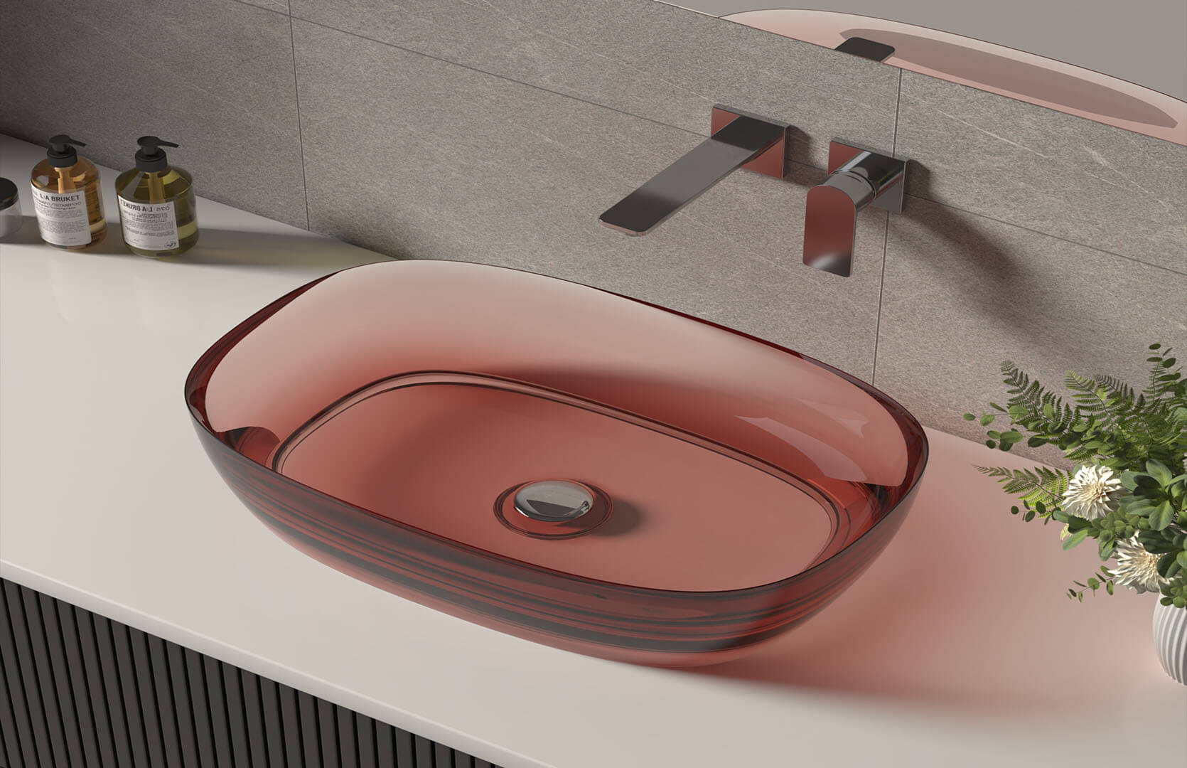 Translucent Resin Bathroom Sink in Countertop_ CPG-2268 Red